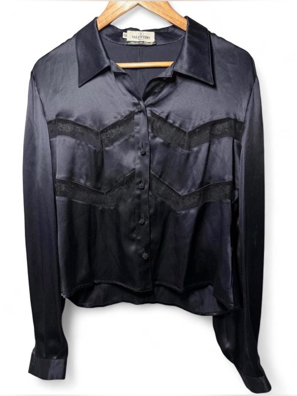 VTG Valentino Miss V 100% Silk Satin Navy Blue Black Lace Blouse Italy 14 / 48 - Picture 3 of 10